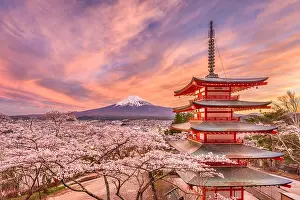 Fujiyoshida, Japan view of Mt. Fuji and pagoda in spring season