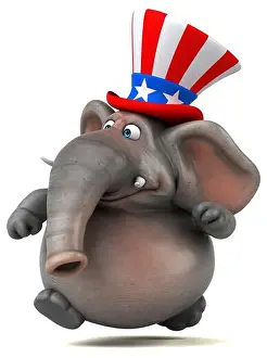 Fourth Of July Prints: Fun 3D cartoon elephant with an uncle sam hat