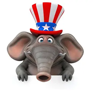 Fourth Of July Prints: Fun 3D cartoon elephant with an uncle sam hat