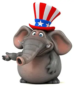 Fourth Of July Prints: Fun 3D cartoon elephant with an uncle sam hat