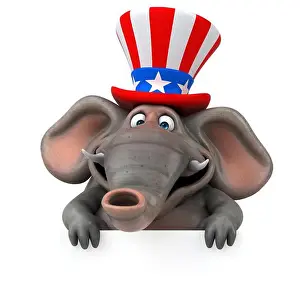 Fourth Of July Prints: Fun 3D cartoon elephant with an uncle sam hat