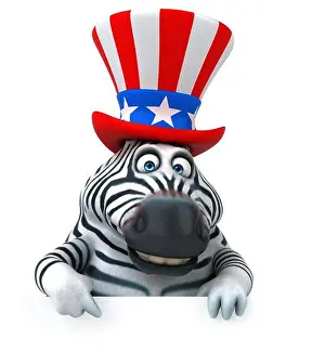 Patriotic Zebra Prints: Fun 3D cartoon zebra with an uncle sam hat
