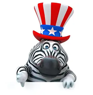 Patriotic Zebra Prints: Fun 3D cartoon zebra with an uncle sam hat