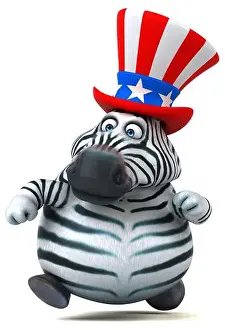 Uncle Sam Hat Prints: Fun 3D cartoon zebra with an uncle sam hat
