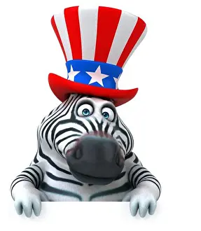 Political Imagery Prints: Fun 3D cartoon zebra with an uncle sam hat
