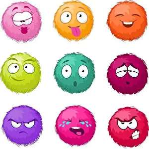 Spherical Prints: Funny colorful cartoon fluffy ball vector fuzzy characters set