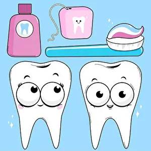 Dentistry Prints: Funny cute dental hygiene set with cartoon teeth characters smiling