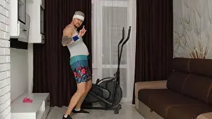 Bodybuilder Prints: Funny fat sportsman man athlete in sportswear making sport fitness exercise
