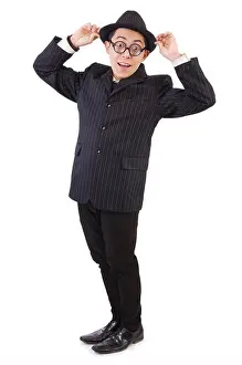 Spectacles Prints: Funny gentleman in striped suit isolated on white