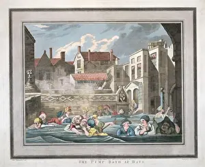 A funny humorous print coloured engraving of The Pump Room Bath England
