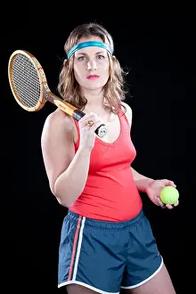 Goofy Prints: Funny retro female tennis player holds racket and ball, appears ready to play