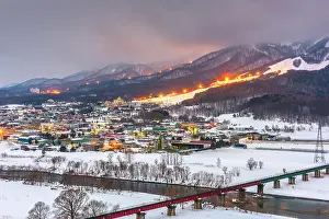 Furano, Hokkaido, Japan town skyline in winter at twilight
