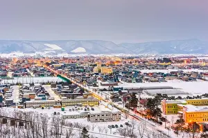 Furano, Hokkaido, Japan town skyline in winter at twilight