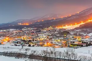 Furano, Hokkaido, Japan town skyline in winter at twilight