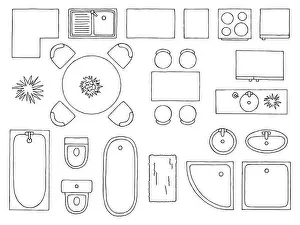 Set Design Prints: Furniture set floor plan architect design element graphic black white top sketch aerial view isolated illustration