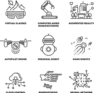 Autopilot Prints: Future technology and robot artificial intelligence outline vector icons