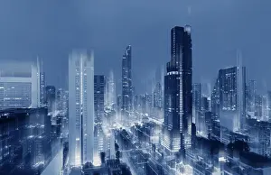 Hitech Prints: Futuristic blue Bangkok city, futuristic city background