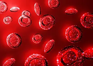 Polygonal Prints: Futuristic glowing low polygonal red blood cells erythrocytes bloodstream on dark red background