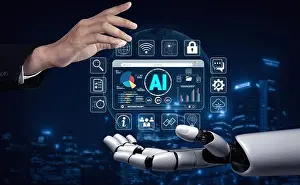 Excellence Prints: Futuristic Interaction Between Human Hand and Robotic Arm with AI Interface Displaying Data