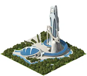 Video Game Prints: Futuristic landscaped architecture 3D model for a tiled game rendered in dimetric projection with an orthographic