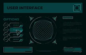 Cyberpunk Prints: Futuristic menu screen. Game UI start screen with neon futuristic buttons frames arrows