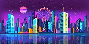 Scape Prints: Futuristic night city flat design
