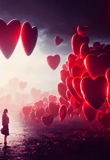 Cyberpunk Prints: Futuristic Valentine's Day concept with red flying hearts, 3D illustration