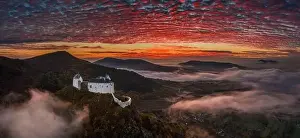 High Hill Prints: Fuzer, Hungary - Aerial panoramic view of the beautiful Castle of Fuzer with amazing colorful sunrise sky