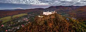 High Hill Prints: Fuzer, Hungary - Aerial panoramic view of the beautiful Castle of Fuzer with amazing colorful sunrise sky
