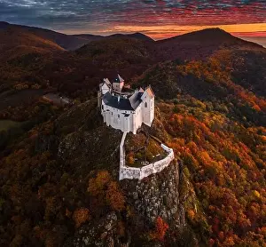 High Hill Prints: Fuzer, Hungary - Aerial view of the beautiful Castle of Fuzer with amazing colorful sunrise sky