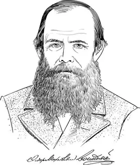 Russian Literature Prints: Fyodor Dostoyevsky portrait in line art illustration