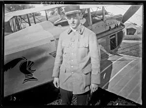 Gabriel Guérin stands beside a SPAD fighter aircraft at Souilly air base in Meuse during World War I in 1917