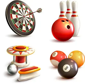 Billiard Prints: Game realistic icons set with bowling pinball billiard darts isolated vector illustration