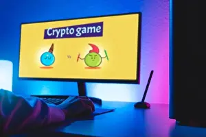 Earn Prints: Gamer playing online blockchain game on computer - Crypto
