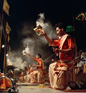 Nightfall Prints: Ganga Aarti Hindu Puja at Dashashwamedh Ghat River Ganges in Varanasi Benares in Uttar Pradesh in India in South Asia
