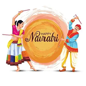 Garba Night poster for Navratri Dussehra festival of India. vector illustration of couple playing Dandiya dance