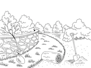 Turf Prints: Garden construction graphic black white landscape sketch illustration vector