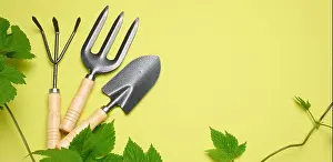 Beds Prints: Garden tools for processing beds in the garden on a green background