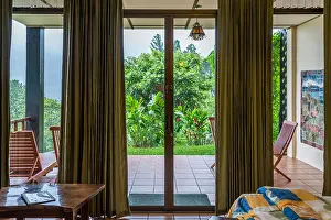 Curtains Prints: Garden view from a hotel room window. Costa Rica