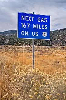 Southwest Usa Prints: No gasoline available warning sign on Grand Army of the Republic Hwy (US 6)