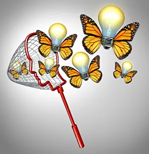 Catching Prints: Gather ideas creativity concept with a butterfly net shaped as a human head collecting inovative solutions as a group