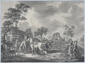 Horsemen Prints: A Gathering of Horsemen and a Coach near a Watering Place 2015 by Dirk Langendijk