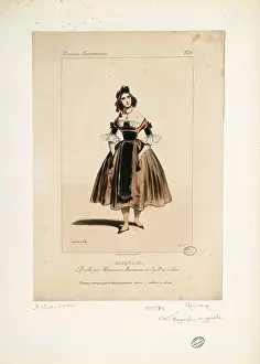 Traditional Costume Prints: Gavarni engraving presents Basquaise regional dress from Basque Country France in 1829 showing hat