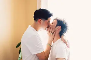 Gay couple romantically kissing on the mouth, in the living room. LGBT relationship and routine