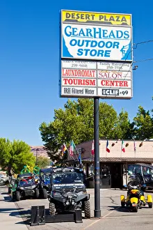 Hire Prints: Gearheads outdoor store sign in Desert Plaza downtown Moab Utah USA United States of America