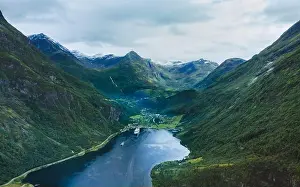Inspiring Prints: Geiranger fjord aerial view mountains landscape in Norway ships sailing travel scenery famous natural landmarks summer
