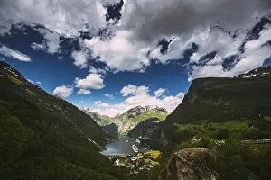 Tourist Boat Prints: Geirangerfjord, Norway. Aerial View Of Geiranger In Geirangerfjorden In Summer Day