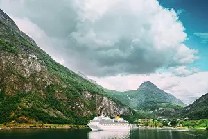 Geirangerfjord, Norway. Aerial View Of Geiranger In Geirangerfjorden In Summer Day. Famous Norwegian Landmark And Popular Destination.Geirangerfjord