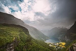 Aerial Landscape Collection: Geirangerfjord, Norway - Geiranger In Geirangerfjorden In Rainy Summer Day