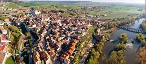 General aerial view of Spanish township of Simancas on Pisuerga river